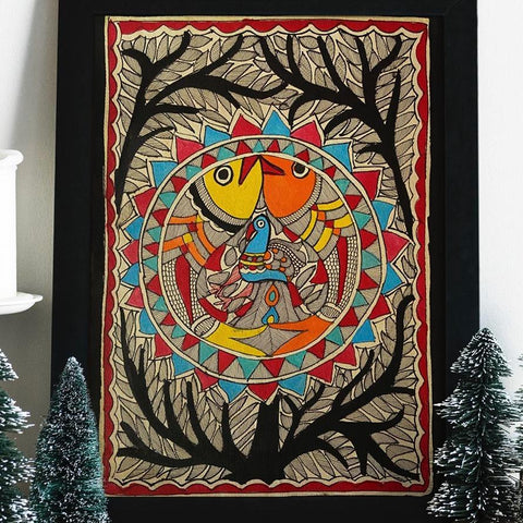 Handmade Paper Fish and Tree Wall Poster Mithila Gram