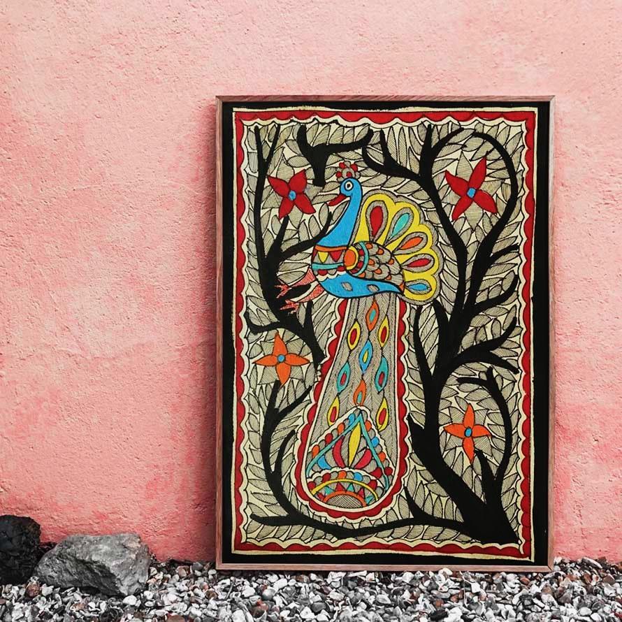 Handmade Paper Peacock and Tree Wall Poster Mithila Gram