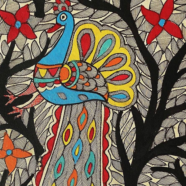Handmade Paper Peacock and Tree Wall Poster Mithila Gram