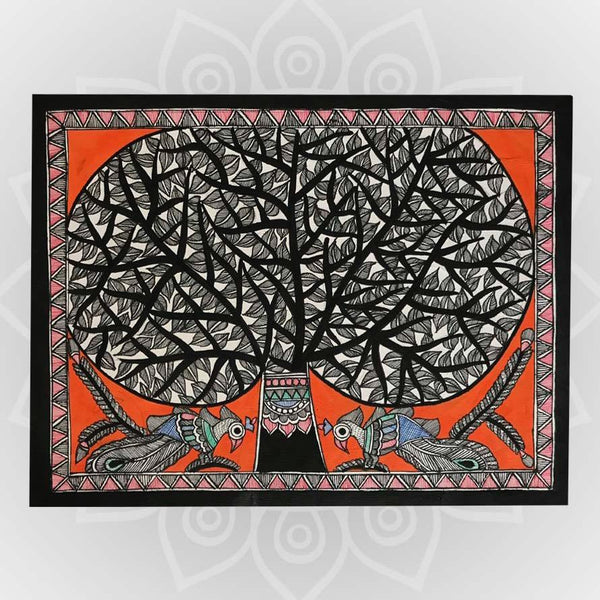 Handmade Paper peacock and Tree Poster Wall painting Mithila Gram