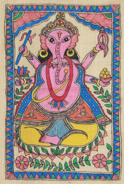 Handmade Silk Ganesha Poster Mithila Gram