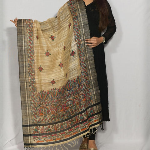 Handpainted Brown Khadi Silk Dupatta Mithila Gram