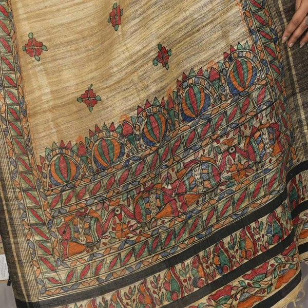 Handpainted Brown Khadi Silk Dupatta Mithila Gram