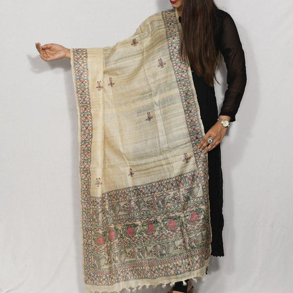 Handpainted Brown Silk Fish Dupatta Mithila Gram