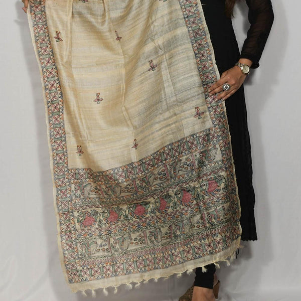 Handpainted Brown Silk Fish Dupatta Mithila Gram