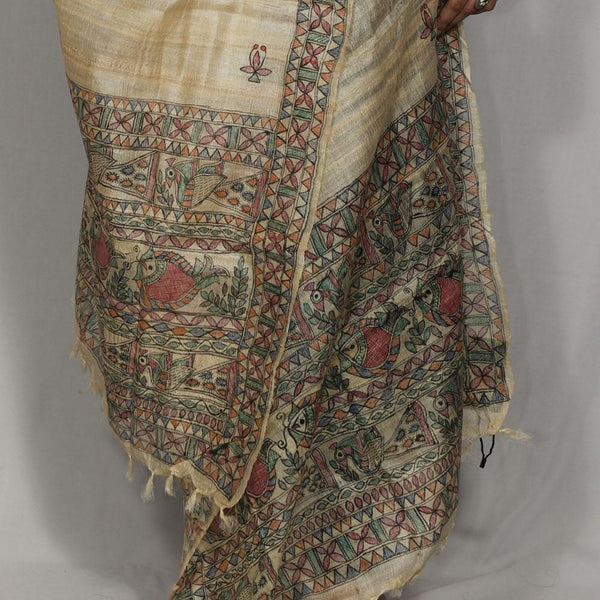 Handpainted Brown Silk Fish Dupatta Mithila Gram