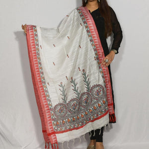 Handpainted Cotton Cream Dupatta Mithila Gram