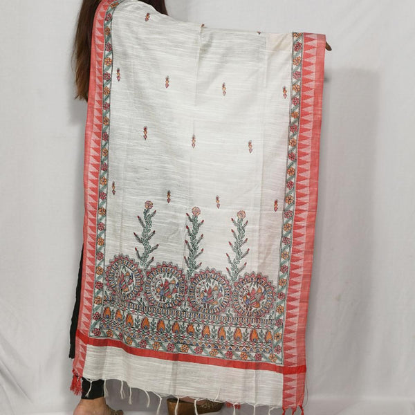 Handpainted Cotton Cream Dupatta Mithila Gram