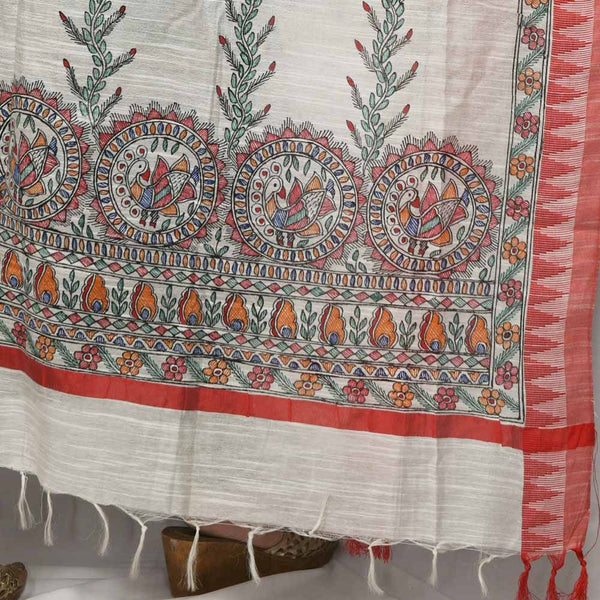 Handpainted Cotton Cream Dupatta Mithila Gram