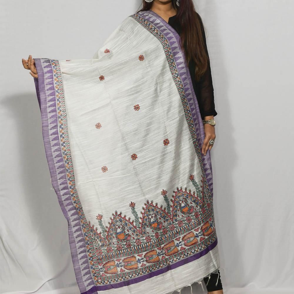 Handpainted Cotton Off White Dupatta Mithila Gram