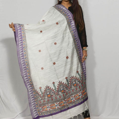 Handpainted Cotton Off White Dupatta Mithila Gram