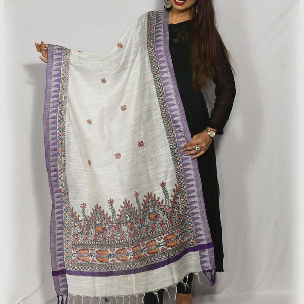 Handpainted Cotton Off White Dupatta Mithila Gram