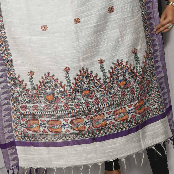 Handpainted Cotton Off White Dupatta Mithila Gram