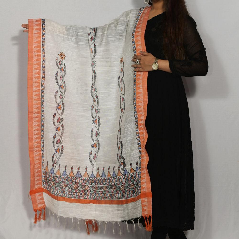 Handpainted Cotton Offwhite Dupatta Mithila Gram