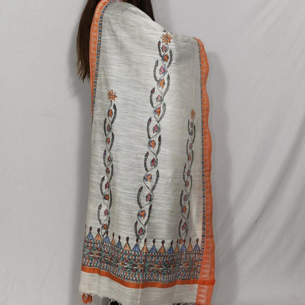 Handpainted Cotton Offwhite Dupatta Mithila Gram