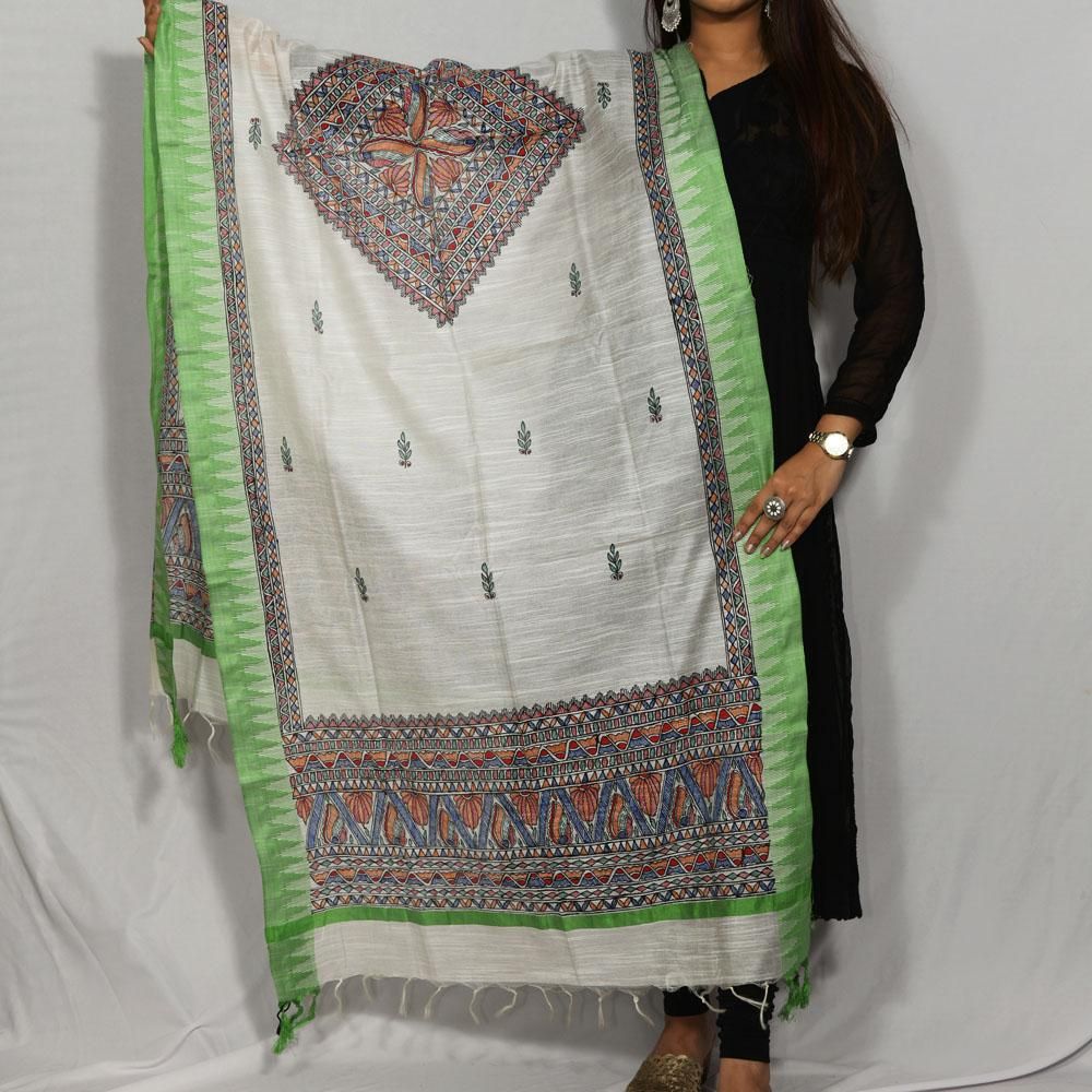 Handpainted Cotton Offwhite Dupatta Mithila Gram