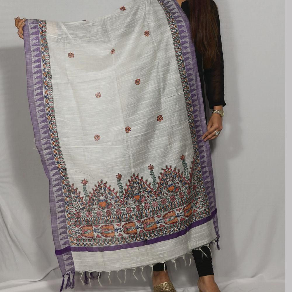 Handpainted Cotton White Dupatta Mithila Gram