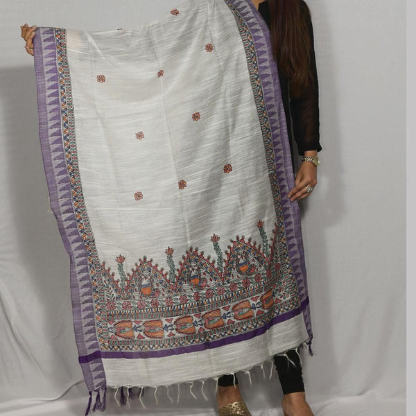 Handpainted Cotton White Dupatta Mithila Gram