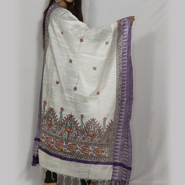 Handpainted Cotton White Dupatta Mithila Gram