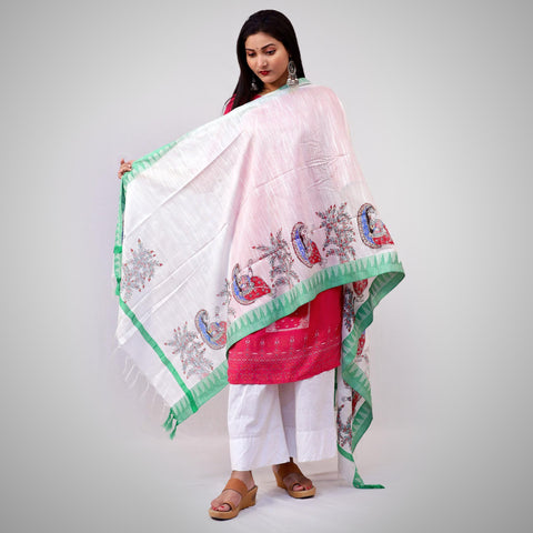 Handpainted Cotton White Dupatta Mithila Gram