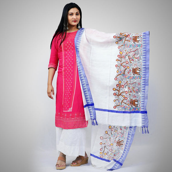 Handpainted Cotton White Dupatta Mithila Gram