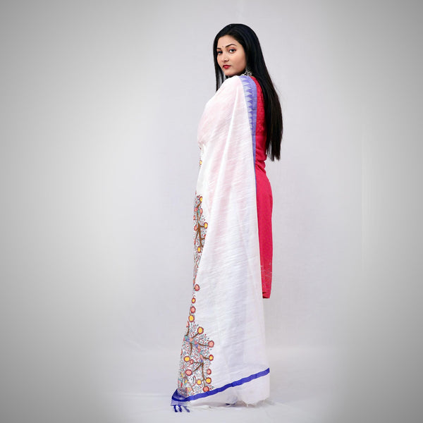 Handpainted Cotton White Dupatta Mithila Gram