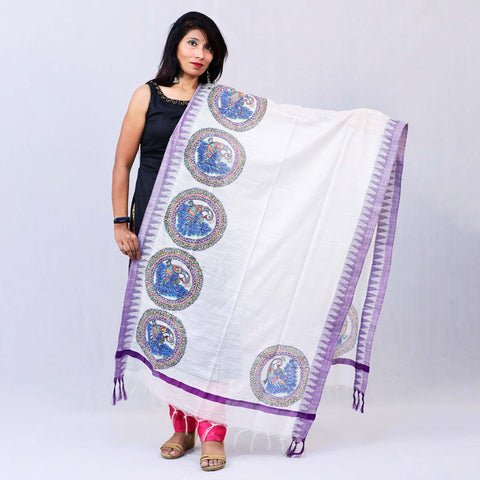 Handpainted Cotton White Dupatta. Mithila Gram