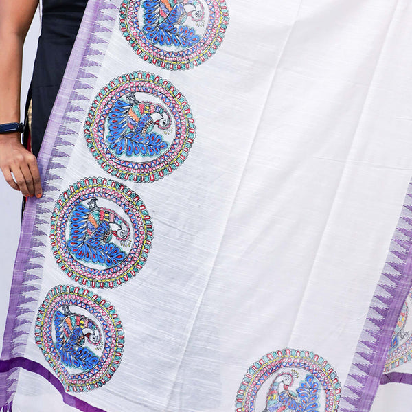 Handpainted Cotton White Dupatta. Mithila Gram