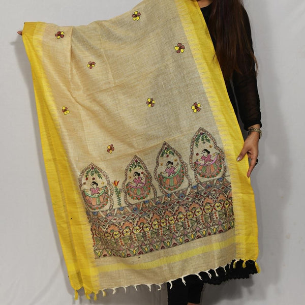 Handpainted Cotton Yellow Dupatta Mithila Gram