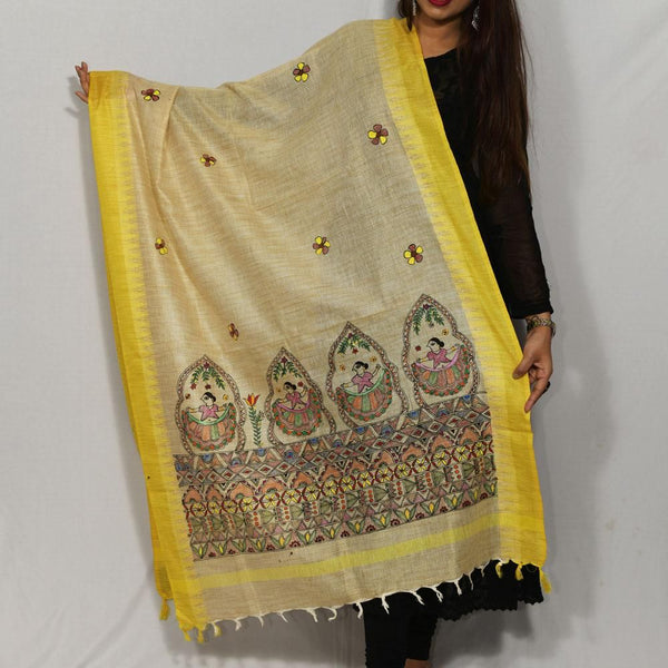 Handpainted Cotton Yellow Dupatta Mithila Gram