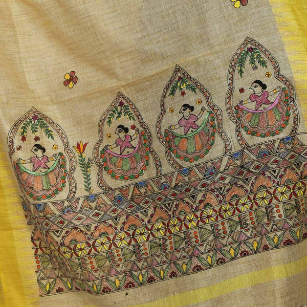 Handpainted Cotton Yellow Dupatta Mithila Gram