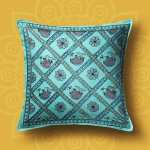 Handpainted Green Peacock Cushion Cover (Set of 5) Mithila Gram