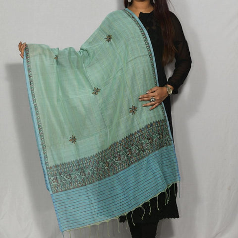 Handpainted Handloom Cotton Green Dupatta Mithila Gram