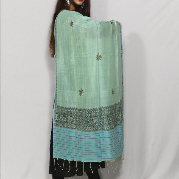 Handpainted Handloom Cotton Green Dupatta Mithila Gram