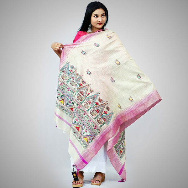 Handpainted Khadi Cotton White Dupatta Mithila Gram