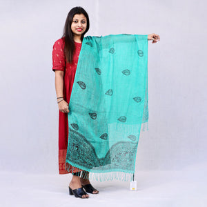 Handpainted Linen Green Stole Mithila Gram