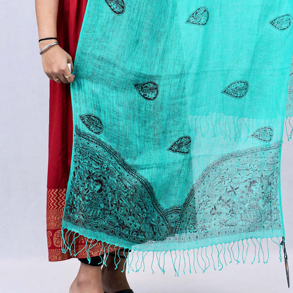 Handpainted Linen Green Stole Mithila Gram