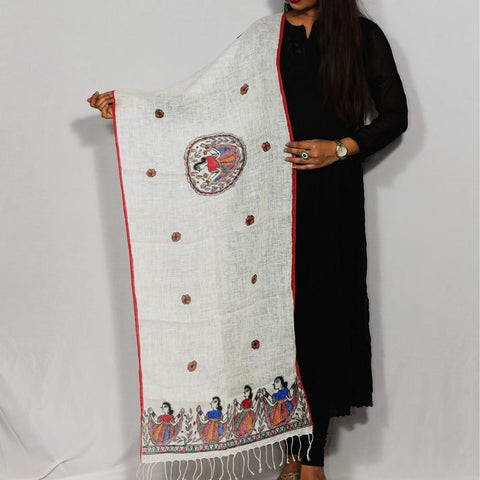 Handpainted Linen Off White Stole Mithila Gram