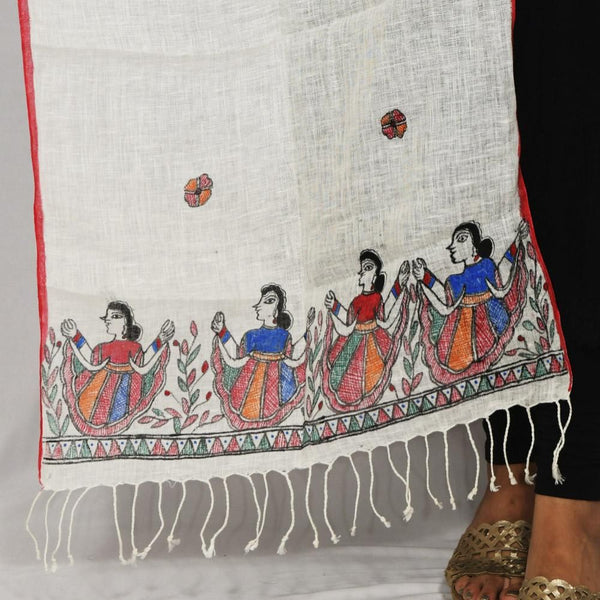 Handpainted Linen Off White Stole Mithila Gram