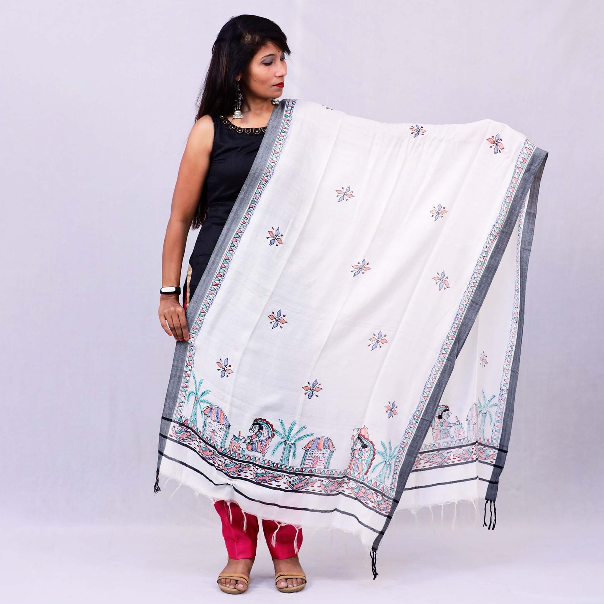 Handpainted Linen White Dupatta Mithila Gram