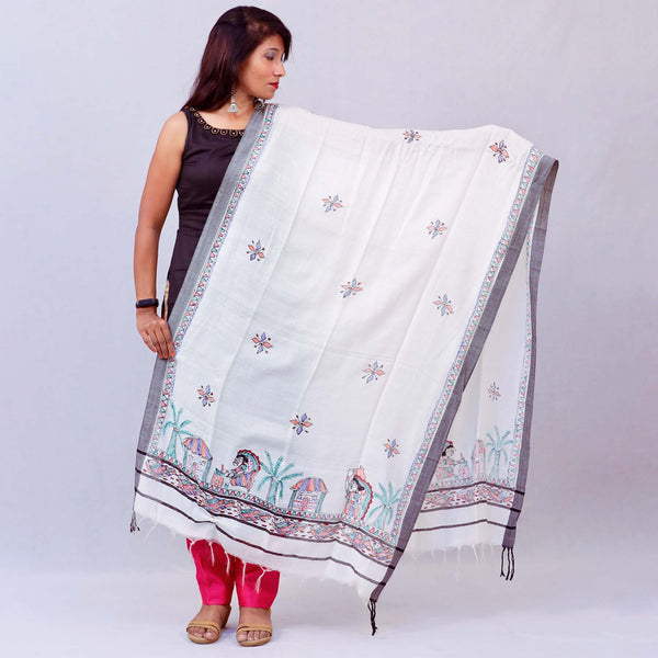 Handpainted Linen White Dupatta Mithila Gram