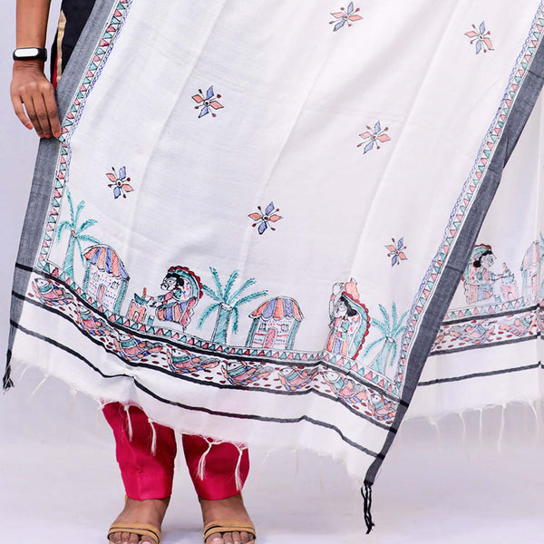 Handpainted Linen White Dupatta Mithila Gram