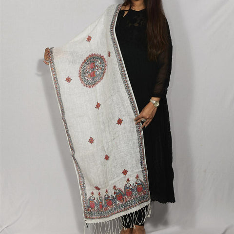 Handpainted Linen White Peacock Stole Mithila Gram