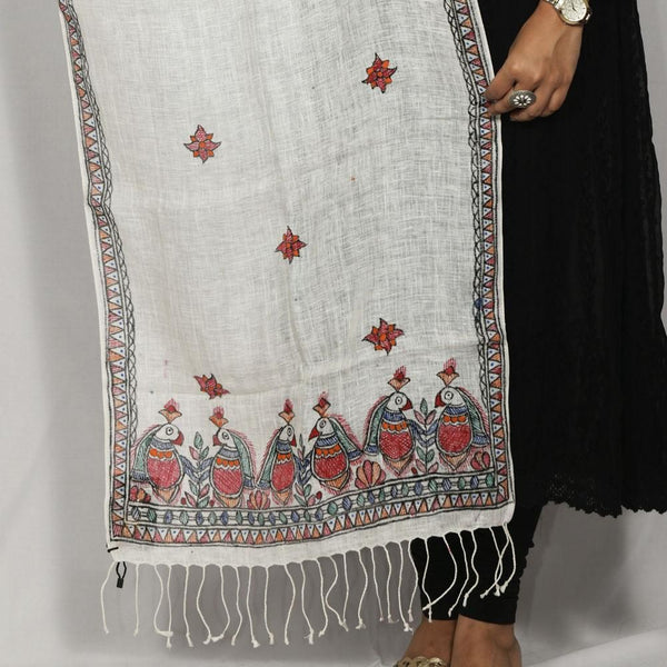 Handpainted Linen White Peacock Stole Mithila Gram