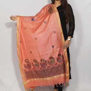 Handpainted Orange Silk Dupatta Mithila Gram