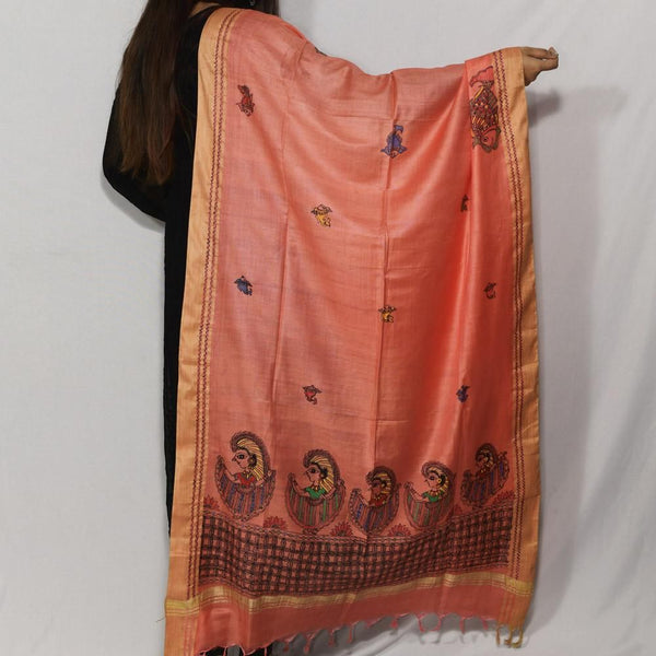 Handpainted Orange Silk Dupatta Mithila Gram