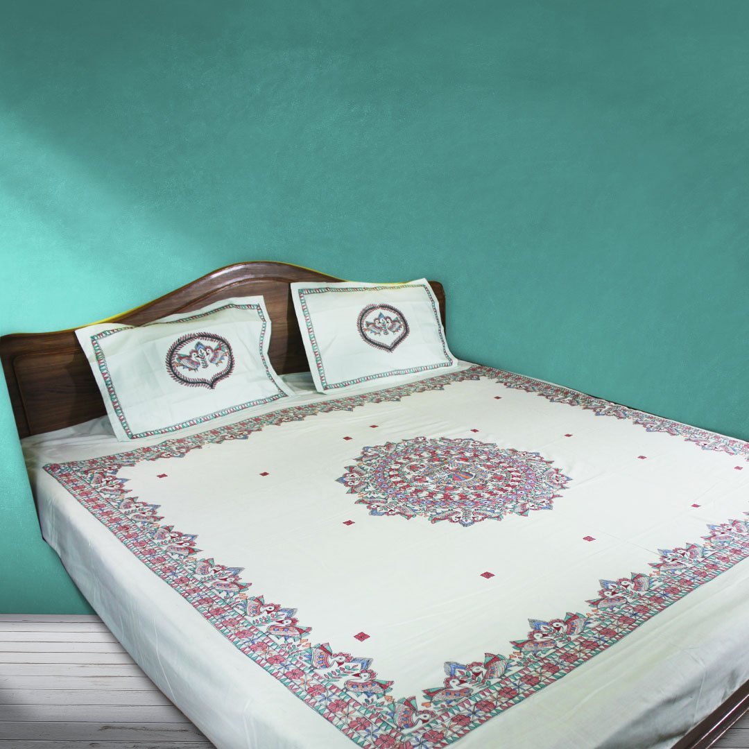 Handpainted Peacock Double Bedsheet with Pillow Cover Mithila Gram