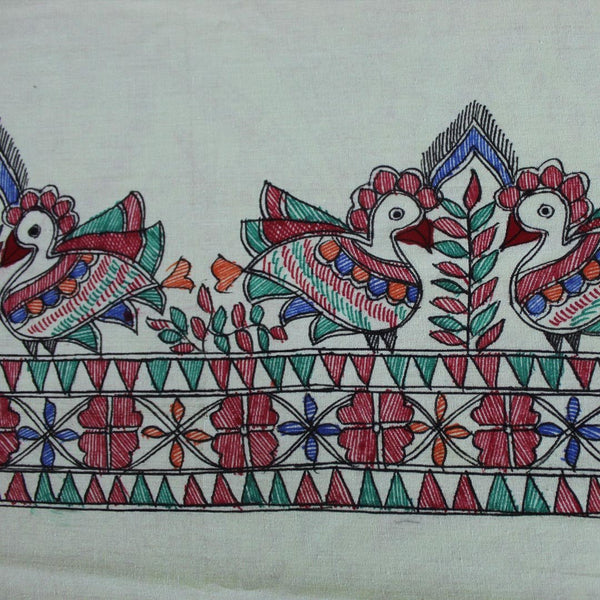 Handpainted Peacock Double Bedsheet with Pillow Cover Mithila Gram