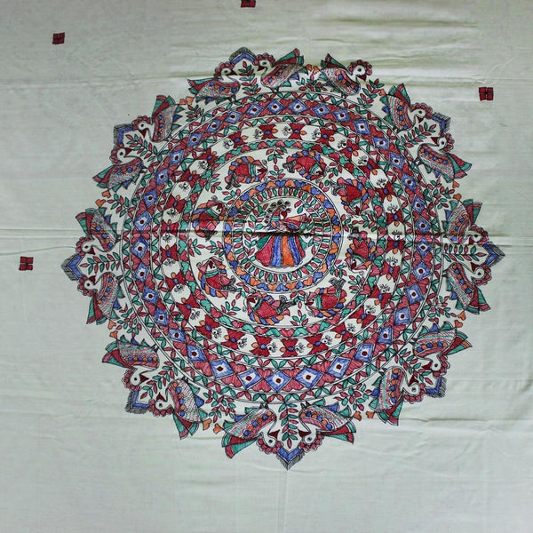 Handpainted Peacock Double Bedsheet with Pillow Cover Mithila Gram