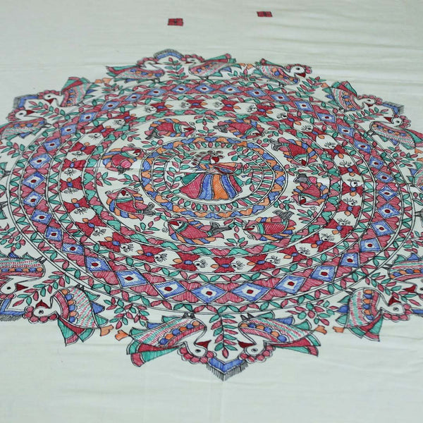 Handpainted Peacock Double Bedsheet with Pillow Cover Mithila Gram